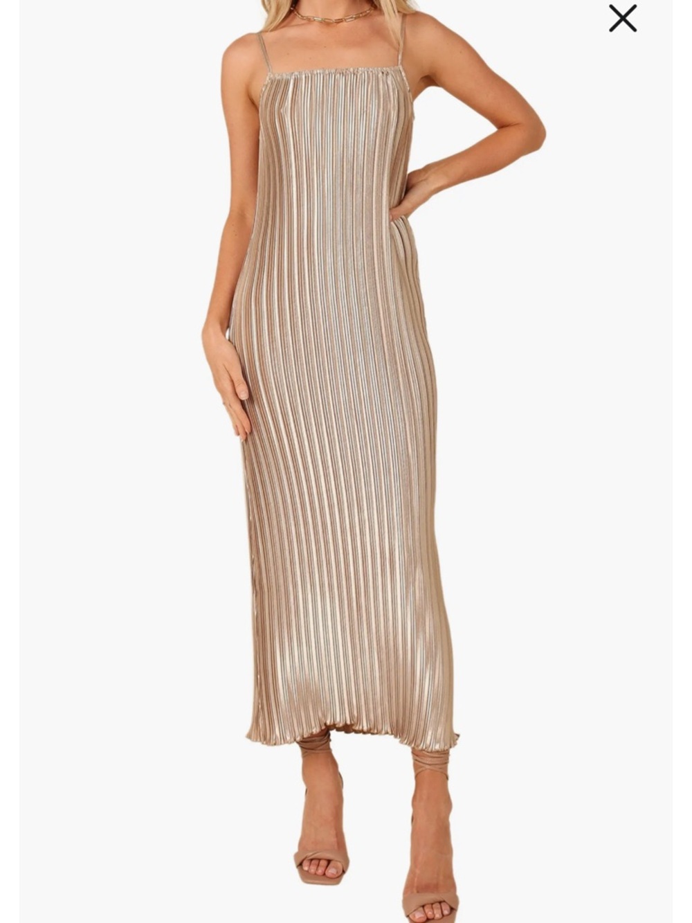 Metallic Pleated Slip Dress in Champagne